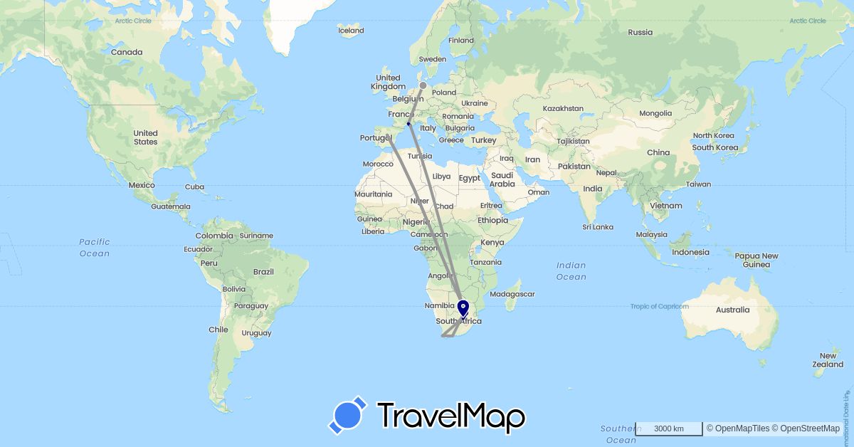 TravelMap itinerary: driving, plane in Germany, Spain, France, South Africa (Africa, Europe)